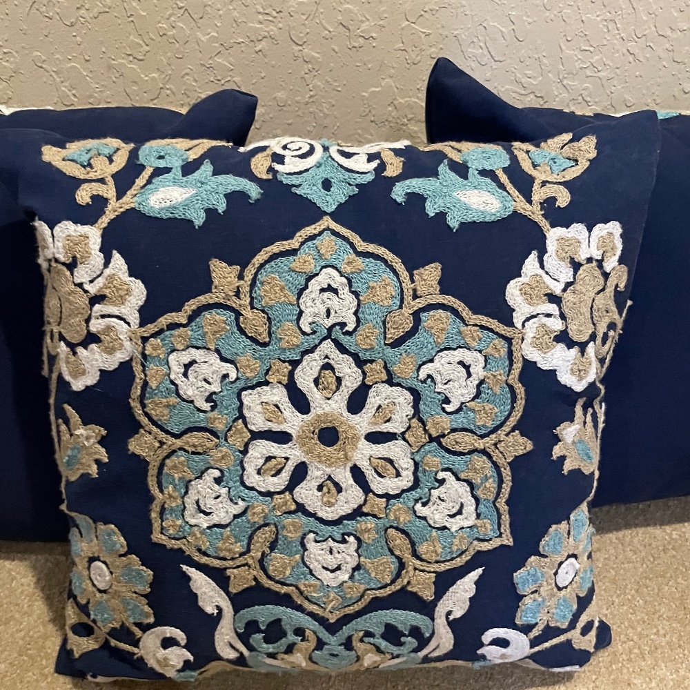 Set of 3 Blue Embroidered Throw Pillows